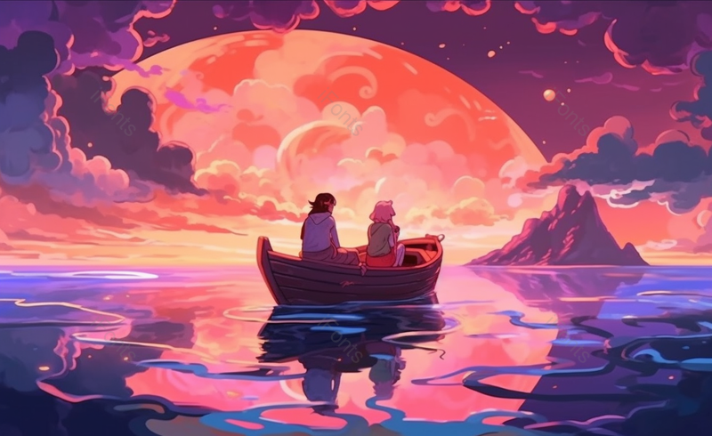坐船温馨手绘夕阳唯美背景图,插画/手绘图,插画/手绘图库,插画/手绘图下载,插画/手绘